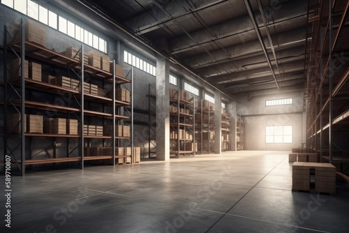 warehouse with multiple shelves and storage units. Generative AI