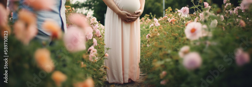 Pregnant couple expecting baby. Pregnant woman holds hands on belly. Pregnancy, maternity, background flower garden  Generative AI