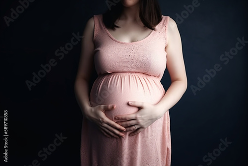 Pregnant woman standing and touching with her hands her big belly  Generative AI