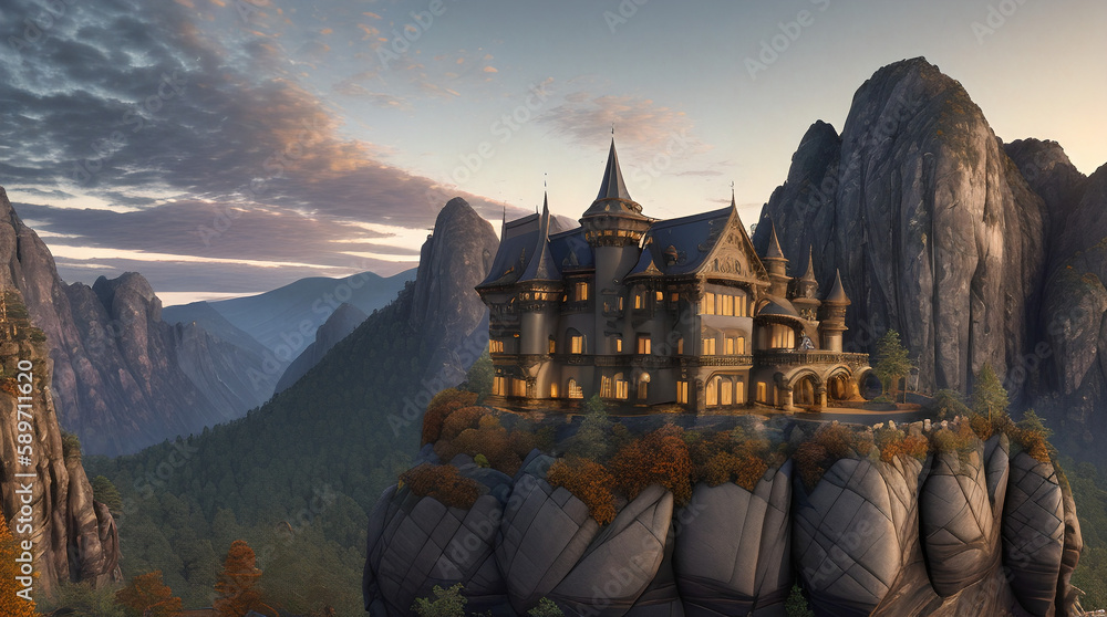  Illustration of a Renaissance style mansion in the mountains on a autumn evening - AI Generated