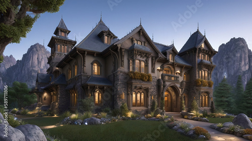  Illustration of a Renaissance style mansion in the mountains on a autumn night- AI Generated