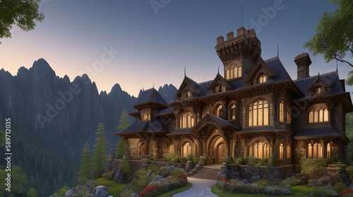  Illustration of a Renaissance style mansion in the mountains on a autumn night- AI Generated