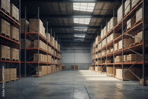 crowded warehouse with tall shelves and boxes stacked high. Generative AI