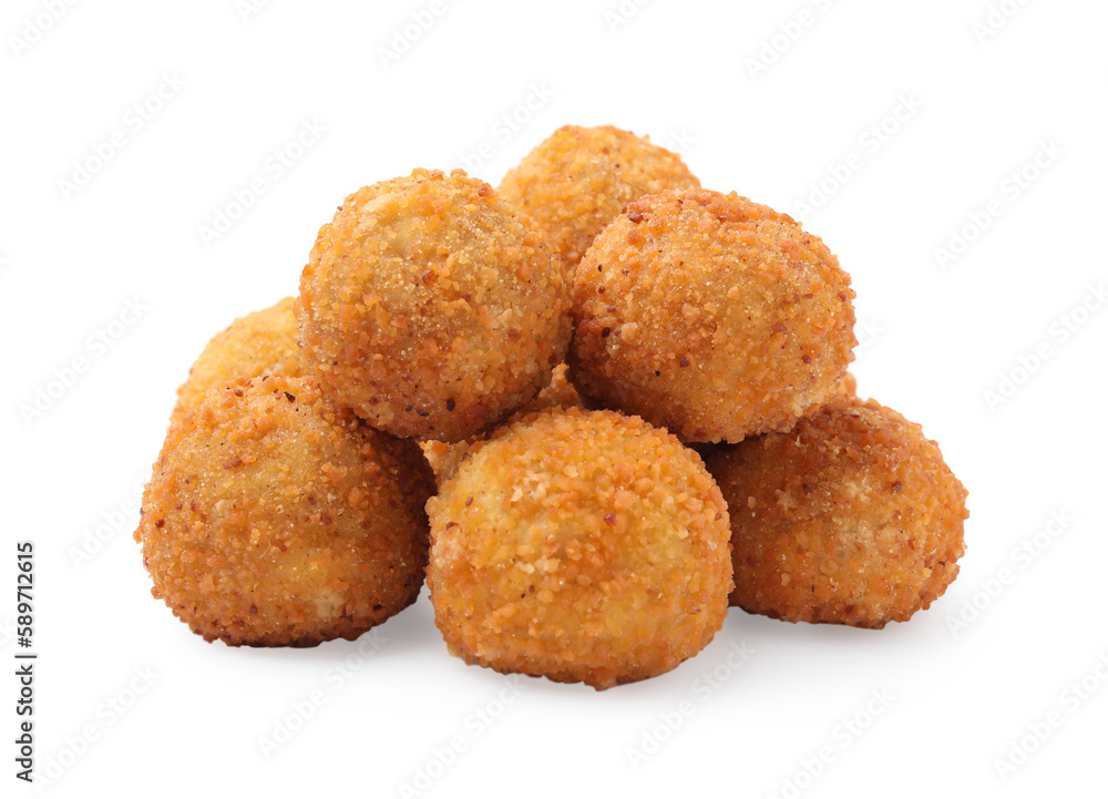 Pile of delicious fried tofu balls on white background