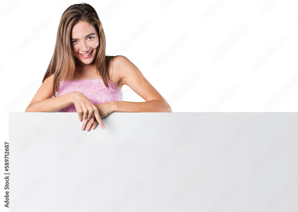 Smiling woman with blank on background Smiling woman with blank on background