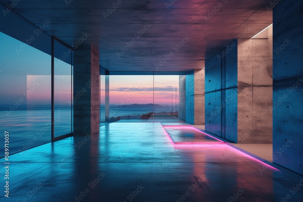 serene ocean view from a long hallway. Generative AI