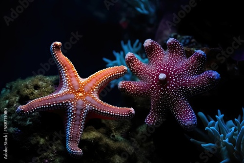 The sea starfish glittered like stars in the dark depths of the underwater world. Generative AI © Kanisorn