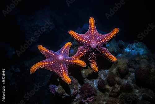The sea starfish glittered like stars in the dark depths of the underwater world. Generative AI © Kanisorn