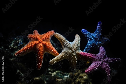 The sea starfish glittered like stars in the dark depths of the underwater world. Generative AI