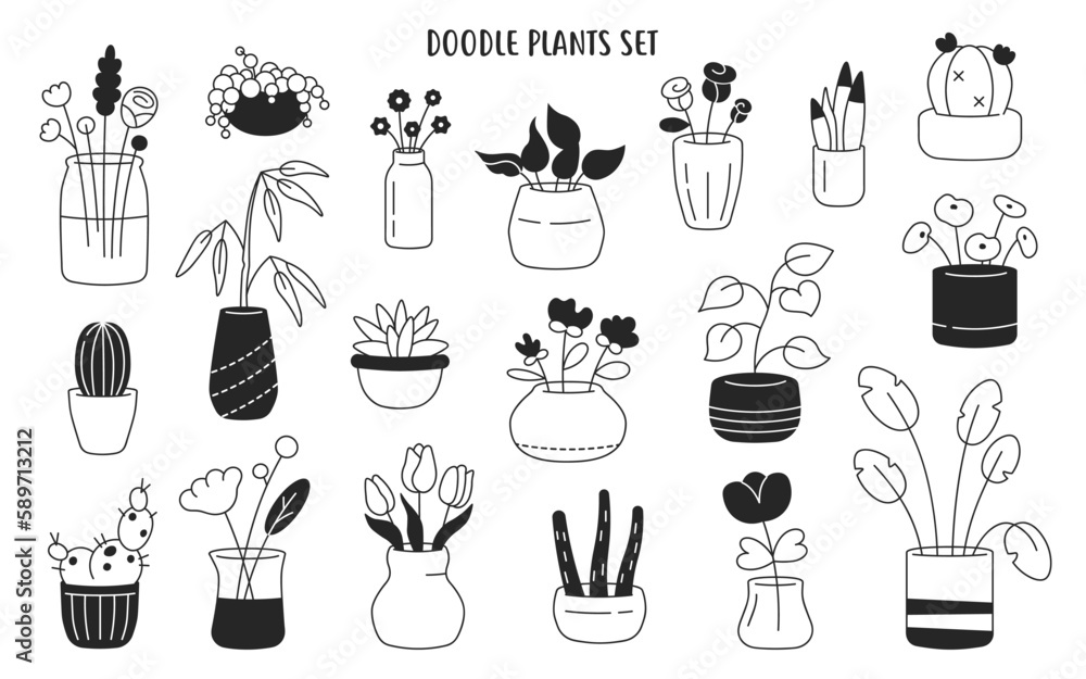 Flowers in flowerpots. Nature hand drawn vector illustration of flowers and plants modern collection. Vector pack of flowers in pots, house plants, cacti and succulents.
