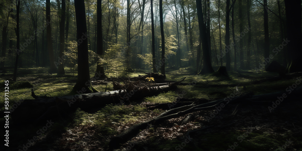 Sunbeams in the dark forest. Deep forest tree. Morning in colorful forest with sunbeams through tree branches. Beautiful forest with various trees. Generative AI
