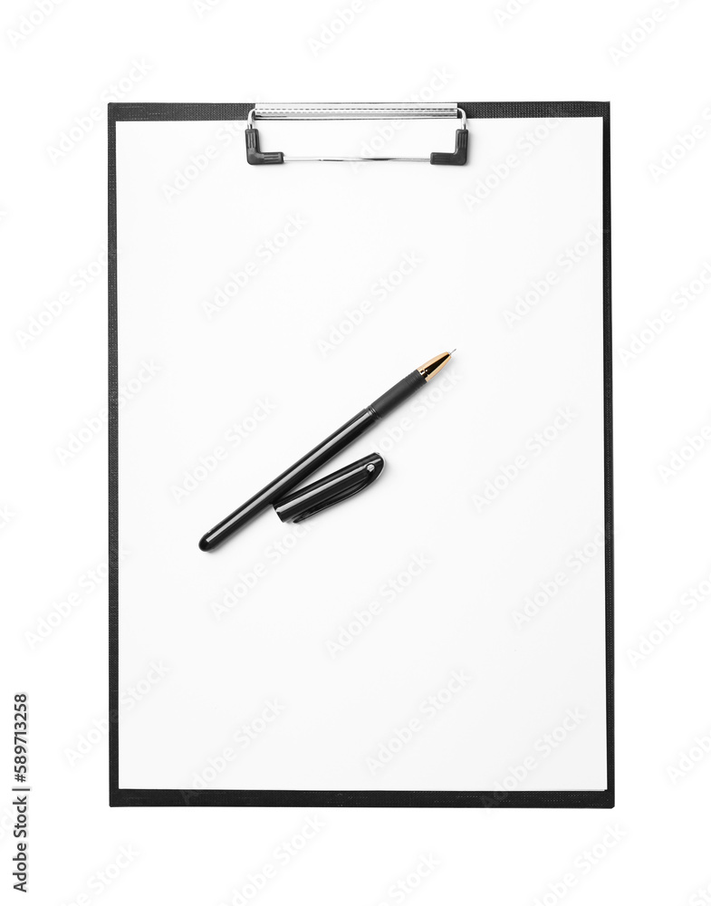 Clipboard with sheet of paper and pen isolated on white, top view Clipboard with sheet of paper and pen isolated on white, top view
