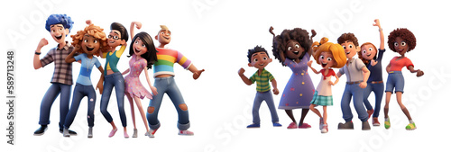  Set of 3D cartoon character cute Happy people crowd at holiday party, Friends dancing, having fun together, Young men and women characters group, youth celebrating event with joy, isolated, ai genera