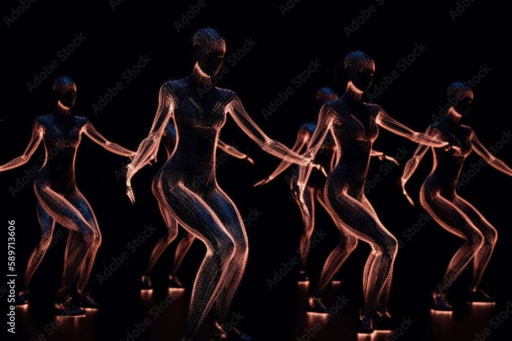 dancing neon cyber girls red hologram generative ai