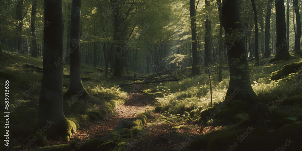 Sunbeams in the dark forest. Deep forest tree. Morning in colorful forest with sunbeams through tree branches. Beautiful forest with various trees. Generative AI Sunbeams in the dark forest. Deep forest tree. Morning in colorful forest with sunbeams through tree branches. Beautiful forest with various trees. Generative AI
