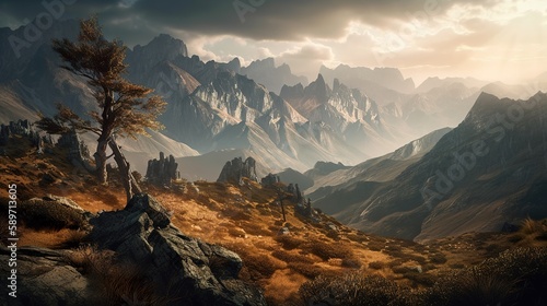 Mountain range  rocky landscape with the first rays of the sun shining on the peaks  AI generative scenics