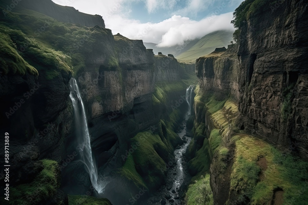 The towering waterfalls cascaded down the rocky cliffs, creating a mesmerizing sight. Generative AI