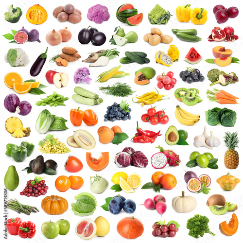 Many fresh fruits and vegetables on white background  collage design