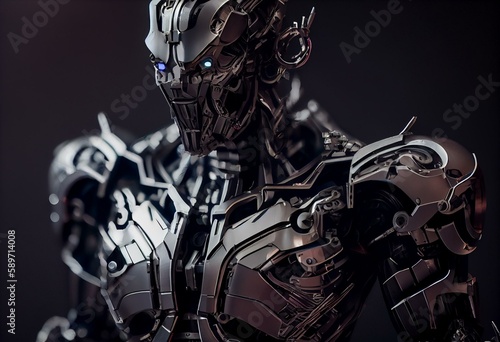 Futuristischer Cyborg Roboter in Schwarz der Zukunft, furchteinflößend, ai generativ. Generative AI