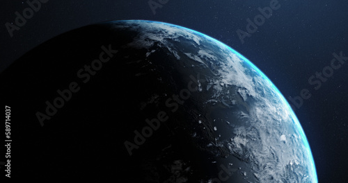Part of planet earth as night changes to morning, viewed from outer space, with copy space