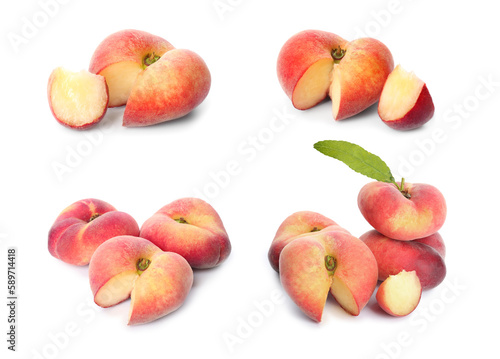 Collage with whole and cut flat peaches on white background