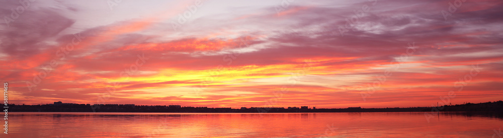 Beautiful sky over river at sunset, banner design