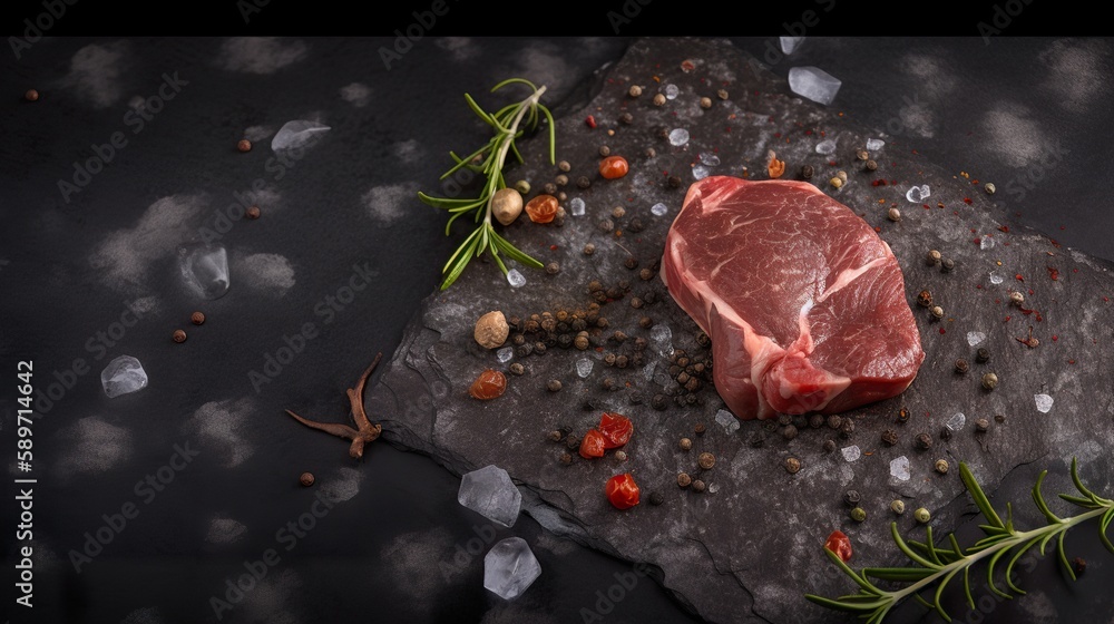 Beef, meat steak with pepper, salt and rosemary herbs, flat lay, top view, AI generative