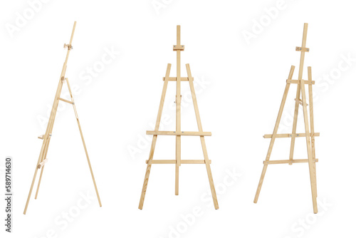 Wooden easel isolated on white, different sides