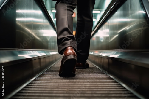 businessman legs in a suit and shoes climbing steir the escalator shopping center generative ai photo