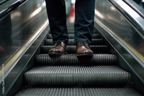 businessman legs in a suit and shoes down steir the escalator shopping center generative ai photo