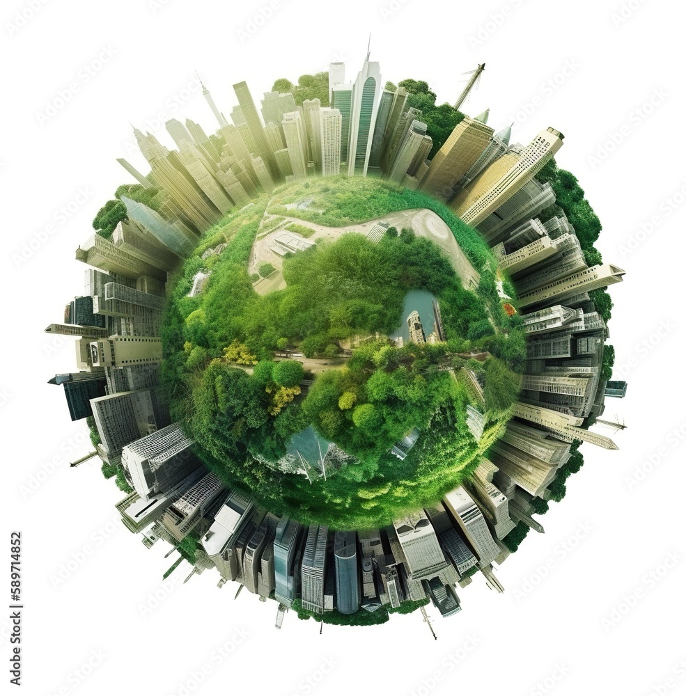 custom made wallpaper toronto digitalGreen planet with futuristic town skyline and nature, AI generative clip art design element on white background