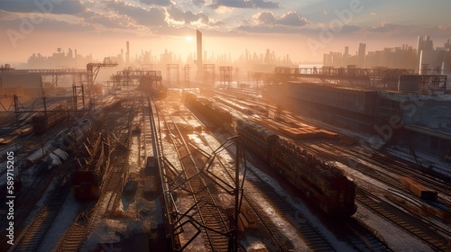 Old Railyard with rusty abandoned train carriages and cargo vagons, AI generative industrial landscape photo