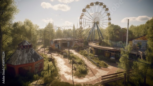 Abandoned amusement park with attractions overgrown with trees, AI generative eerie, derelict urgan landscape