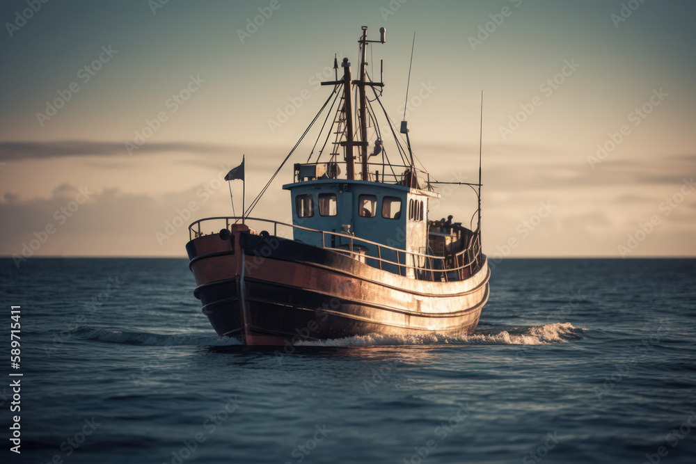 fishing ship at sea water, ocean expedition generative ai