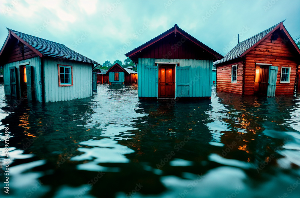Wooden houses in the water of a flooded village.