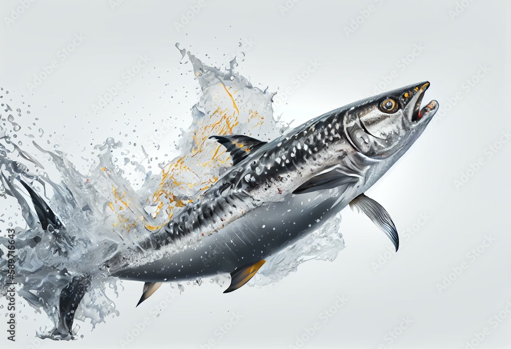 an illustration of a jumping sardine fish with water splashes on transparent background