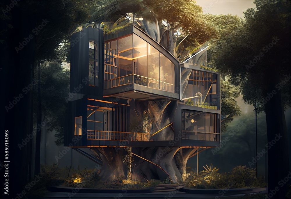 AI generated concept art of environmental friendly modern treehouse