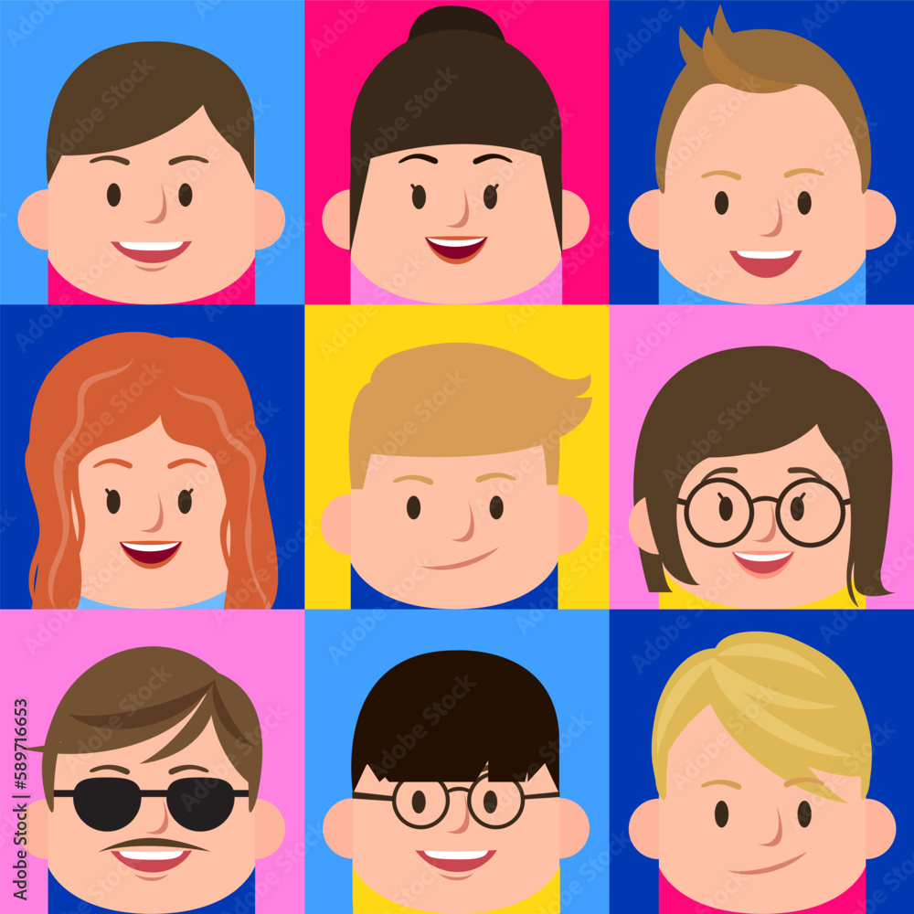 Funny Flat Face People Avatars Diverse Square Profile Pictures Character Design Set Funny Flat Face People Avatars Diverse Square Profile Pictures Character Design Set