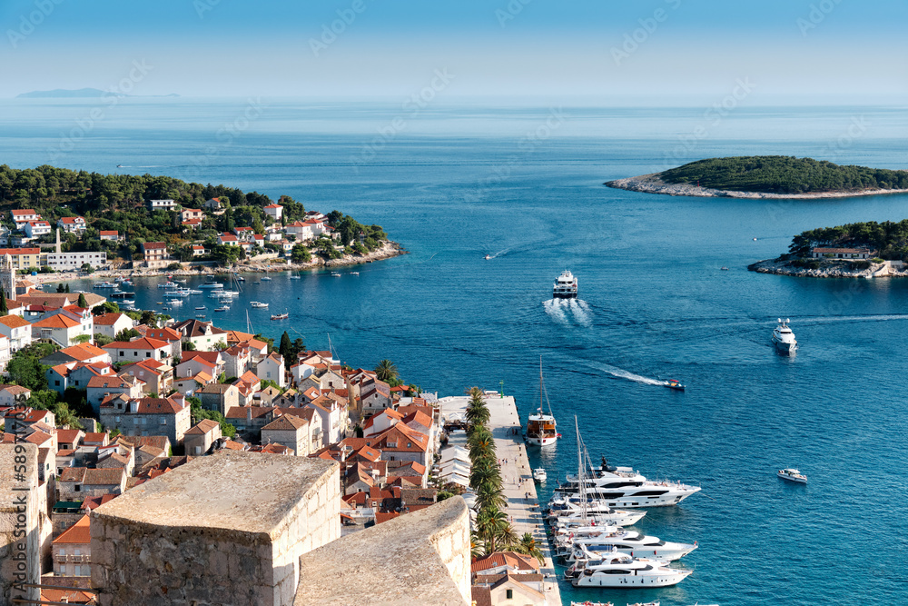 View from Hvar old fortress: stunning panorama of town, harbor coastline, Hvar island, Croatia