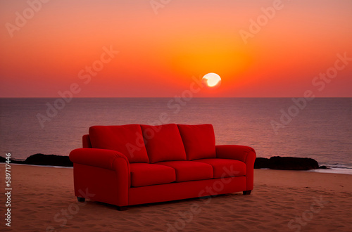 Big red sofa on shore of ocean, sea at sunset. Comfortable couch on sandy beach. Generative AI. © Anton Dios