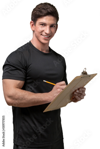 Fotografie Young handy man with clipboard on background