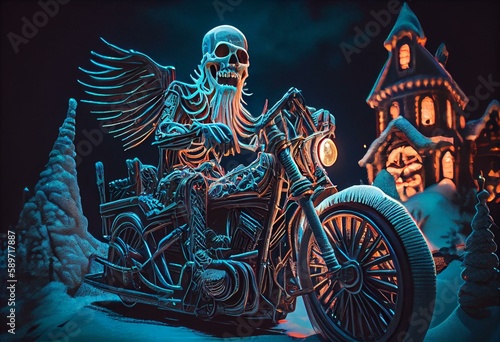 skeleton santa claus night ride fantasy. Generative AI