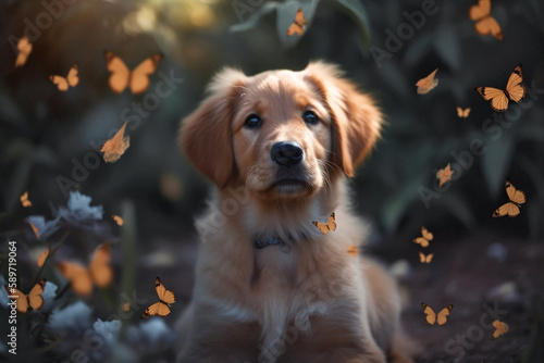 Generative AI image of a golden retriever puppy surrounded by butterflies