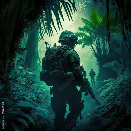 A soldier or army in to the dark forest with green jungle