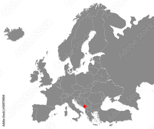 Map of Montenegro highligted with red in Europe map