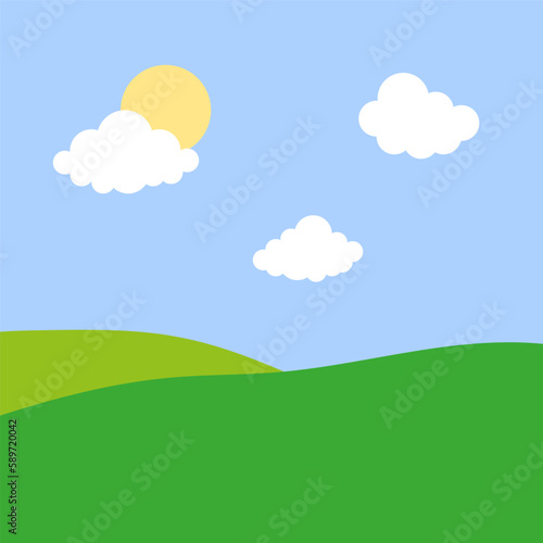green cartoon meadow sun. Hills horizon. Vector illustration.