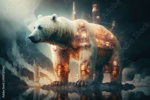 On Thin Ice  Dramatic Polar Bear Double Exposure on Oil Platform  Ecological Conscience Environment  GENERATIVE AI