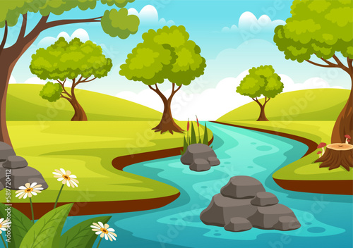 River Landscape Illustration with View Mountains  Green Fields  Trees and Forest Surrounding the Rivers in Flat Cartoon Hand Drawn Templates
