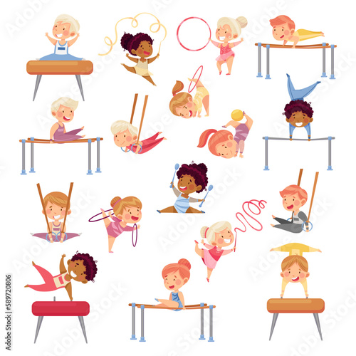 Little Boy and Girl Doing Gymnastics with Pommel Horse and Parallel Bars Big Vector Set