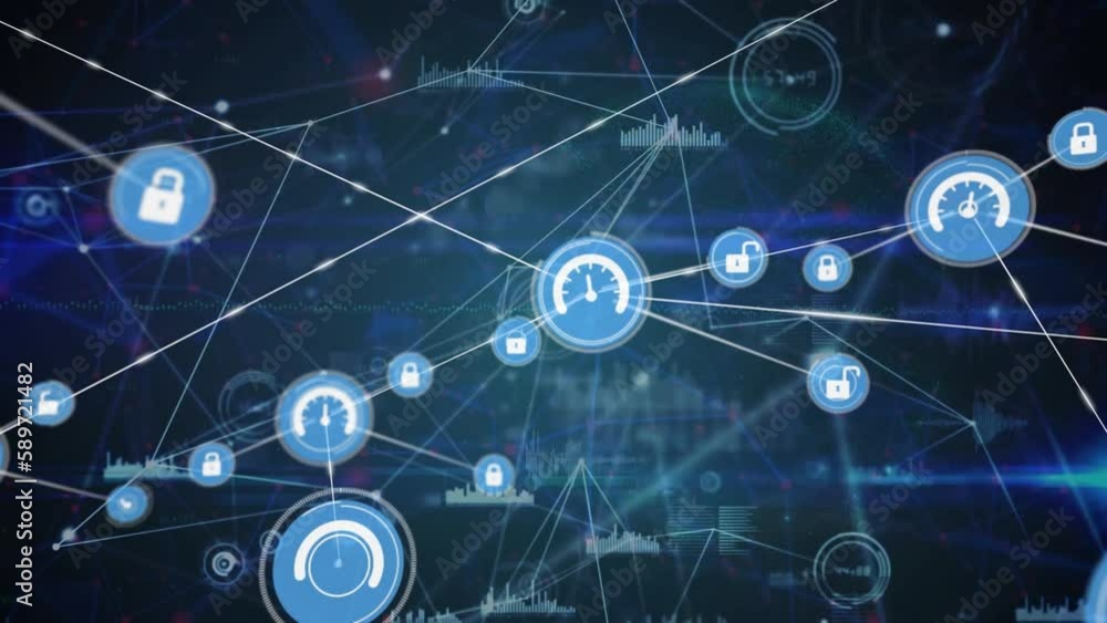 Animation of connected icons over graphs and computer language on abstract background Animation of connected icons over graphs and computer language on abstract background